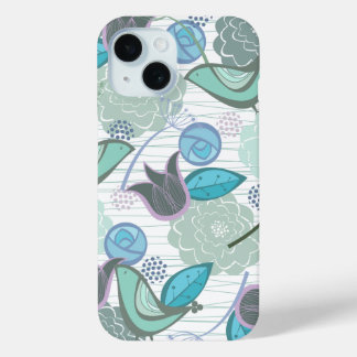 Turquoise Aqua Blue Sweet Birds Floral Garden Chic iPhone 15 Case