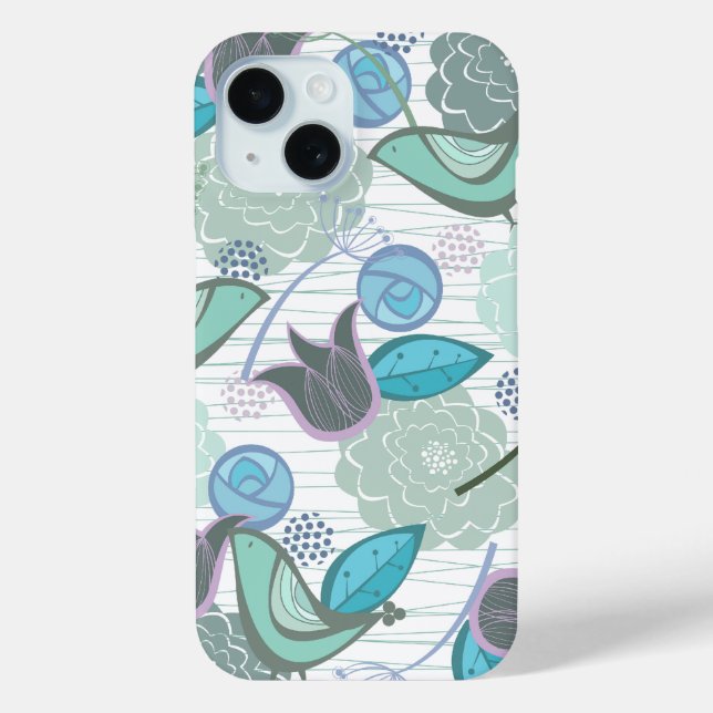 Turquoise Aqua Blue Sweet Birds Floral Garden Chic Case-Mate iPhone Case (Back)