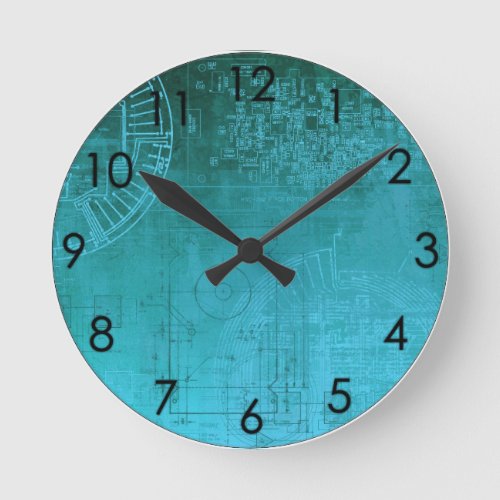 Turquoise Aqua Circuit Board computer geek nerd Round Clock