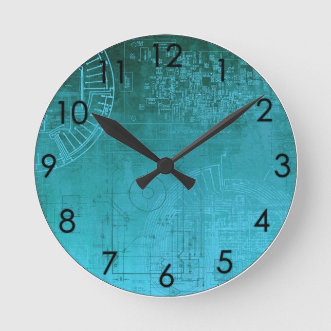 Turquoise Aqua Circuit Board computer geek nerd Round Clock (Front)