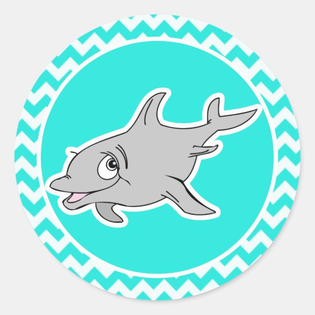 Turquoise, Aqua Color Chevron; Dolphin Classic Round Sticker (Front)