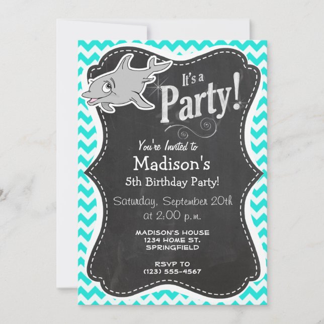 Turquoise, Aqua Color Chevron; Dolphin Invitation (Front)