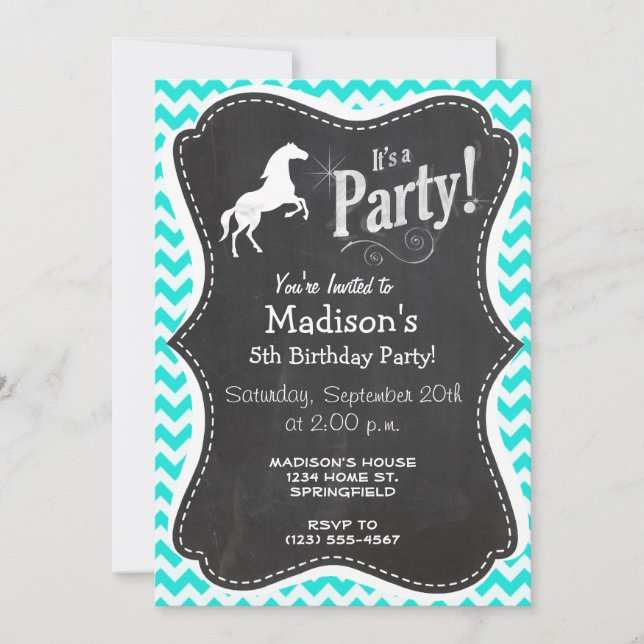 Turquoise, Aqua Color Chevron; Equestrian Invitation (Front)
