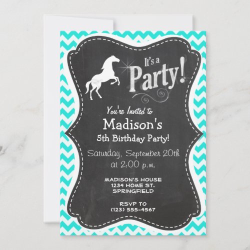 Turquoise, Aqua Color Chevron; Equestrian Invitation
