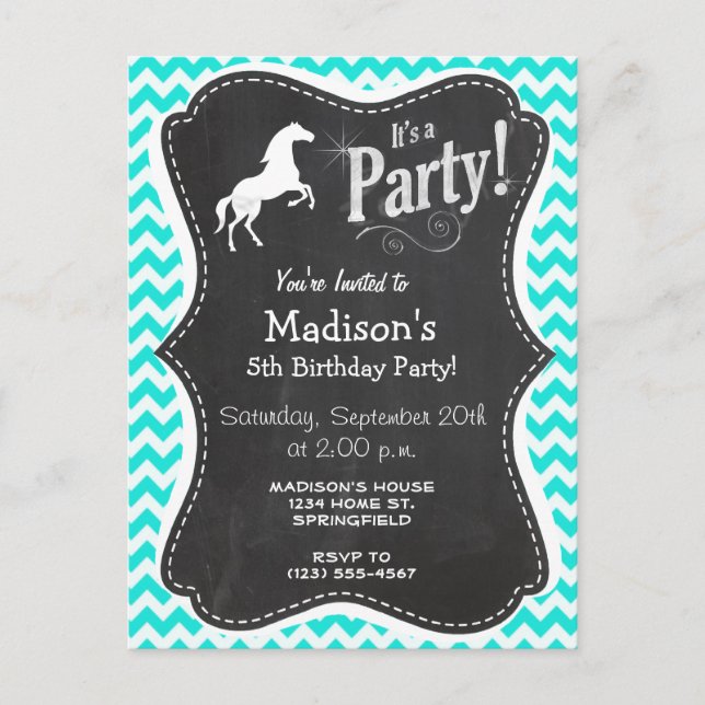 Turquoise, Aqua Color Chevron; Equestrian Invitation Postcard (Front)