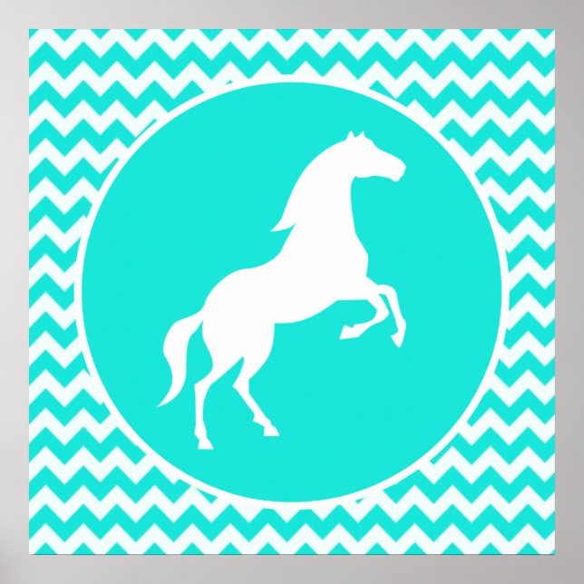 Turquoise, Aqua Color Chevron; Equestrian Poster (Front)