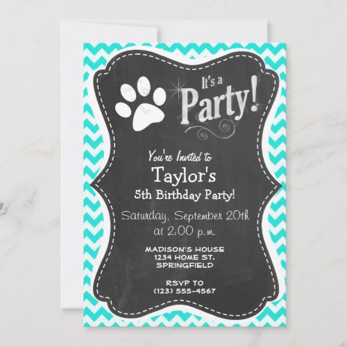 Turquoise, Aqua Color Chevron; Paw Print Personalized Announcement