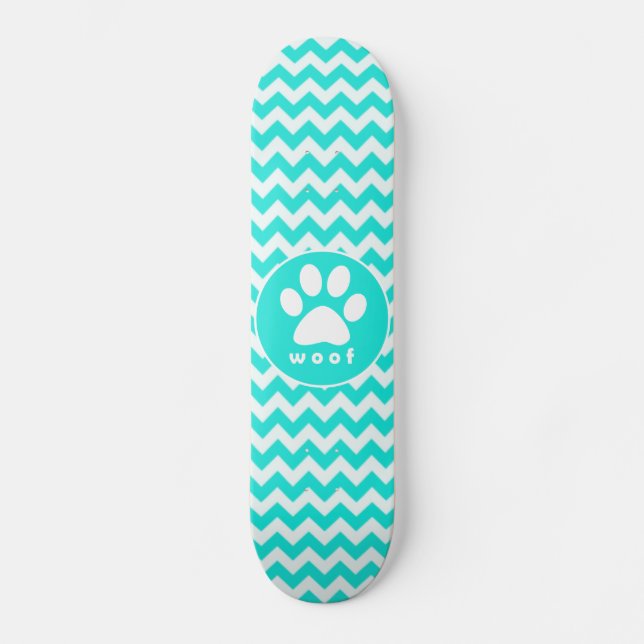 Turquoise, Aqua Color Chevron; Paw Print Skateboard Deck (Front)
