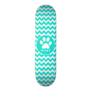 Turquoise, Aqua Color Chevron; Paw Print Skateboard Deck