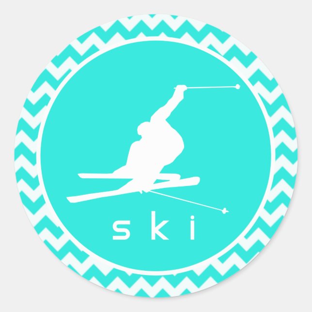 Turquoise, Aqua Color Chevron; Snow Ski Classic Round Sticker (Front)