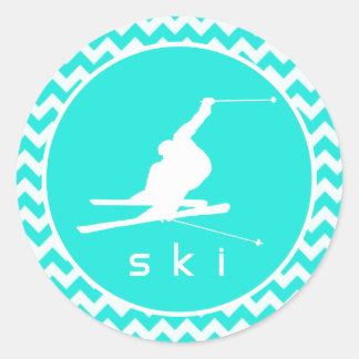 Turquoise, Aqua Color Chevron; Snow Ski Classic Round Sticker