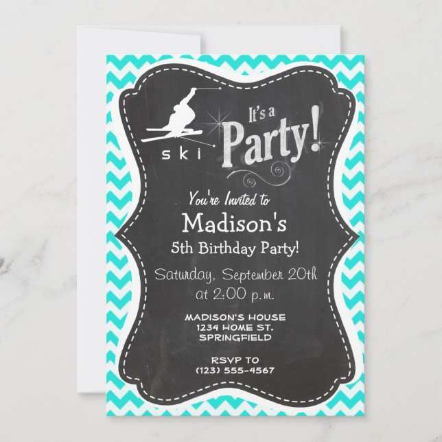 Turquoise, Aqua Color Chevron; Snow Ski Invitation (Front)