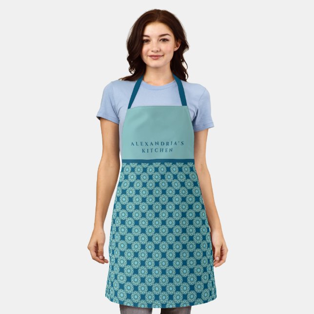 Turquoise Aqua Dots & Stars + Your Name Kitchen Apron (Worn)