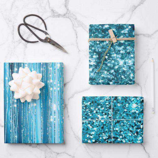 Turquoise Aqua Glam Glitter Wrapping Paper Sheets (Front)
