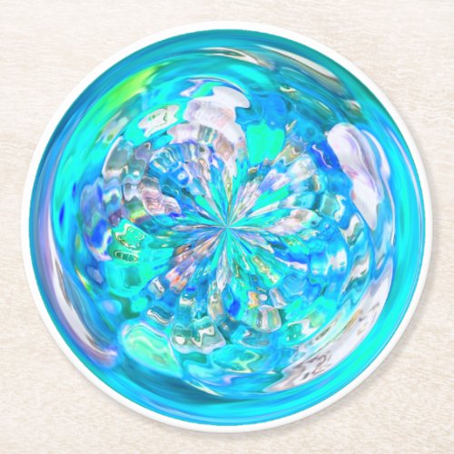 Turquoise Aqua Glass Effect Vortex Pattern Round Paper Coaster