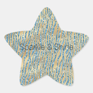 Turquoise Aqua Glitter Gold Sparkle Zebra Print Star Sticker