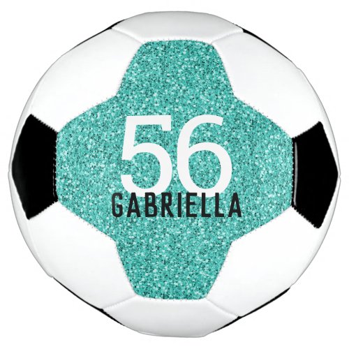 Turquoise Aqua Glittery Name and Team Number Soccer Ball