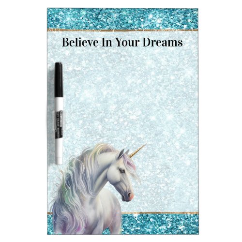 Turquoise Aqua Glitz Glitter Unicorn Dry Erase Board