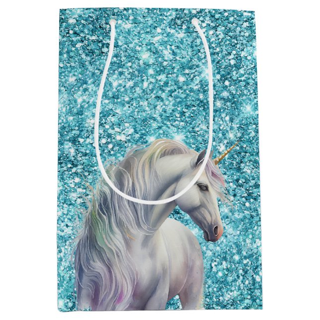 Turquoise Aqua Glitz Glitter Unicorn Medium Gift Bag (Front)