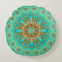 Turquoise Aqua Gold Bohemian Mandala OM Yoga Round Pillow
