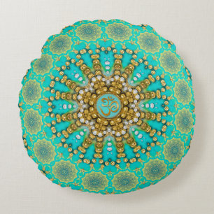 Turquoise Aqua Gold Bohemian Mandala OM Yoga Round Pillow