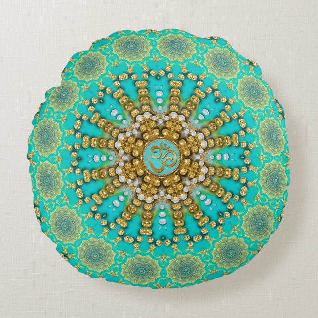 Turquoise Aqua Gold Bohemian Mandala OM Yoga Round Pillow (Front)