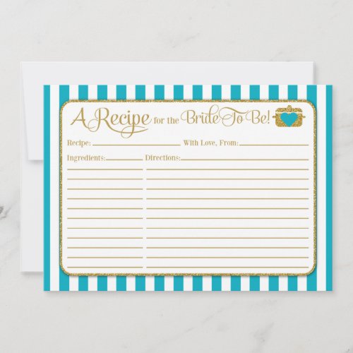 Turquoise Aqua Gold Bridal Shower Recipe Card