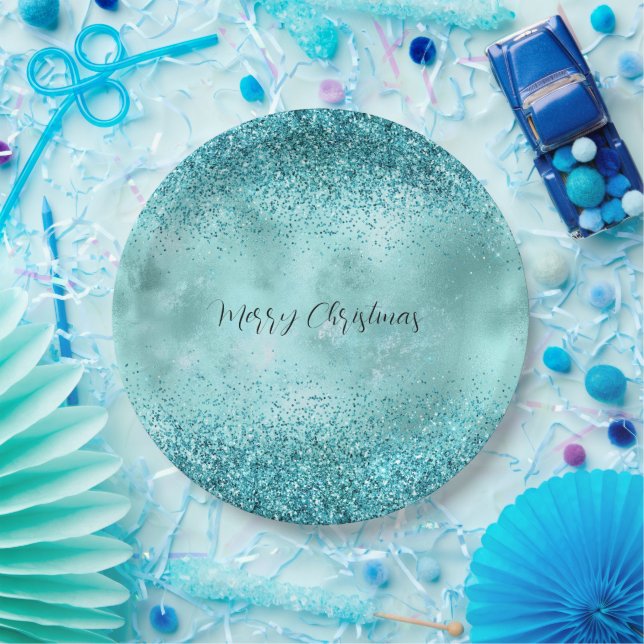 Turquoise Aqua Gold Glam Glitter        Paper Plates (Party)