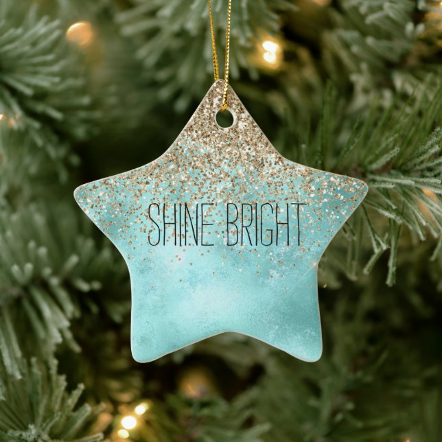 Turquoise Aqua Gold Glam Glitter Sparkle    Ceramic Ornament (Tree)