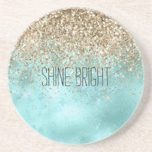 Turquoise Aqua Gold Glam Glitter Sparkle Coaster