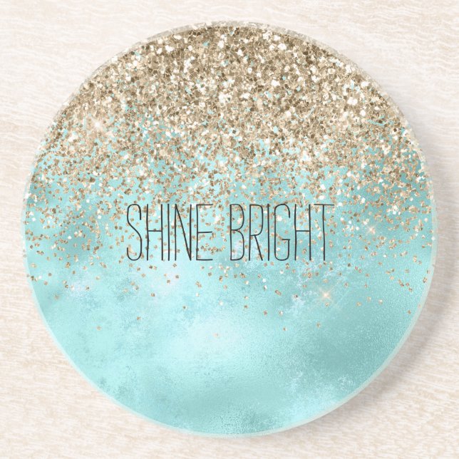 Turquoise Aqua Gold Glam Glitter Sparkle       Coaster (Front)