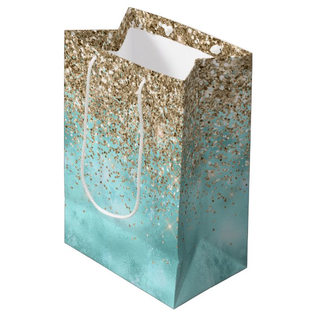 Turquoise Aqua Gold Glam Glitter Sparkle      Medium Gift Bag (Front Angled)