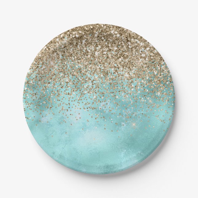 Turquoise Aqua Gold Glam Glitter Sparkle      Paper Plates (Front)