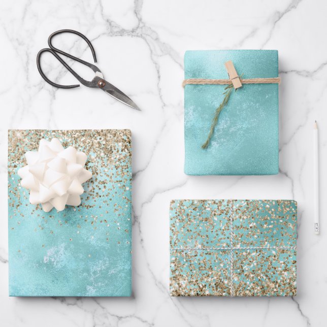 Turquoise Aqua Gold Glam Glitter Sparkle      Wrapping Paper Sheets (Front)