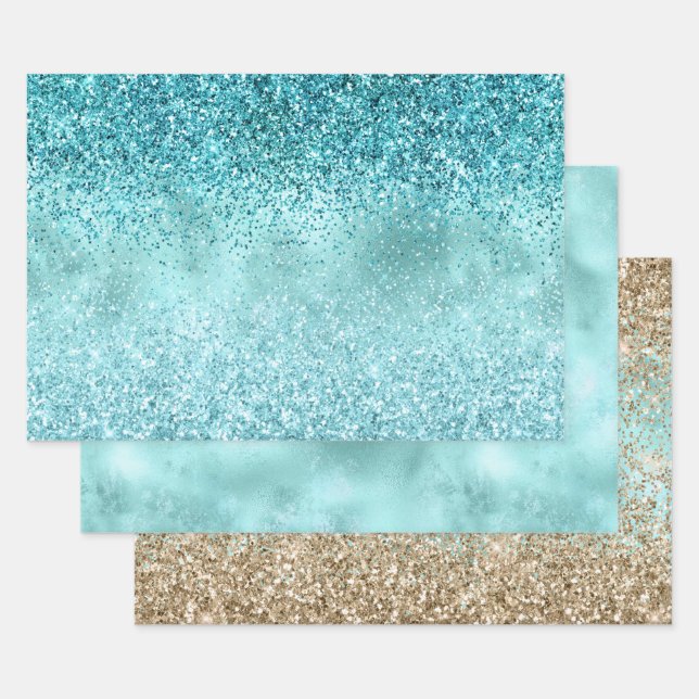 Turquoise Aqua Gold Glam Glitter Wrapping Paper Sheets (Set)