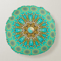 Turquoise Aqua Gold Yin Yang Beachy Mandala Round Pillow