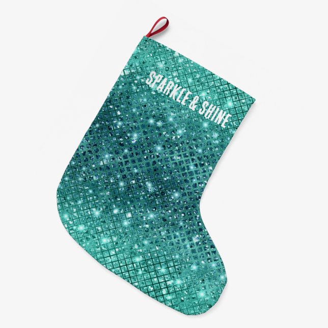 Turquoise Aqua Green Sparkle Large Christmas Stocking (Front (Hanging))