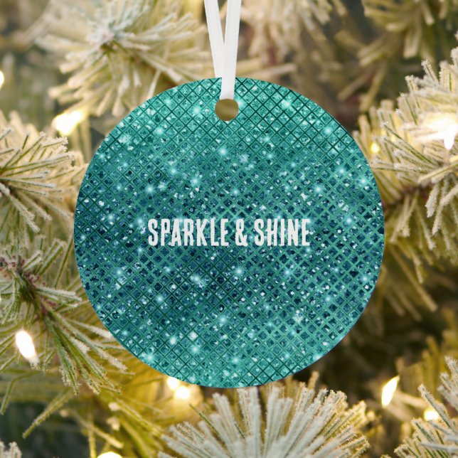 Turquoise Aqua Green Sparkle Metal Ornament (Insitu)