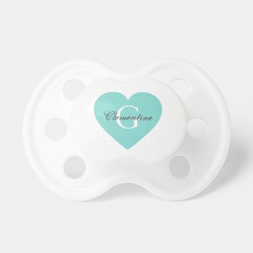 Turquoise Aqua Heart Name Initial Monogram Pacifier