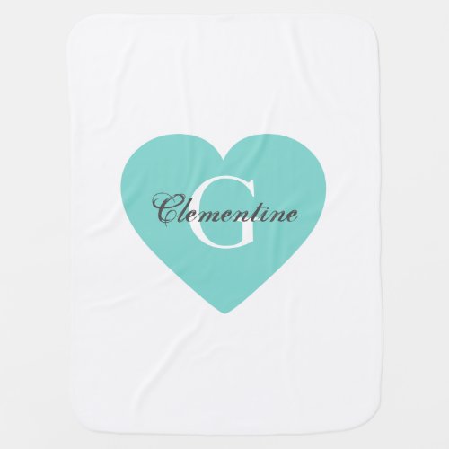 Turquoise Aqua Heart Name Initial Monogram Swaddle Blanket