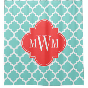Turquoise Aqua Moroccan #5 Coral Red 3I Monogram Shower Curtain