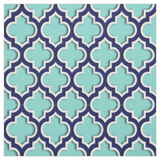 Turquoise Aqua, Navy Blue Moroccan Quatrefoil #5DS Fabric