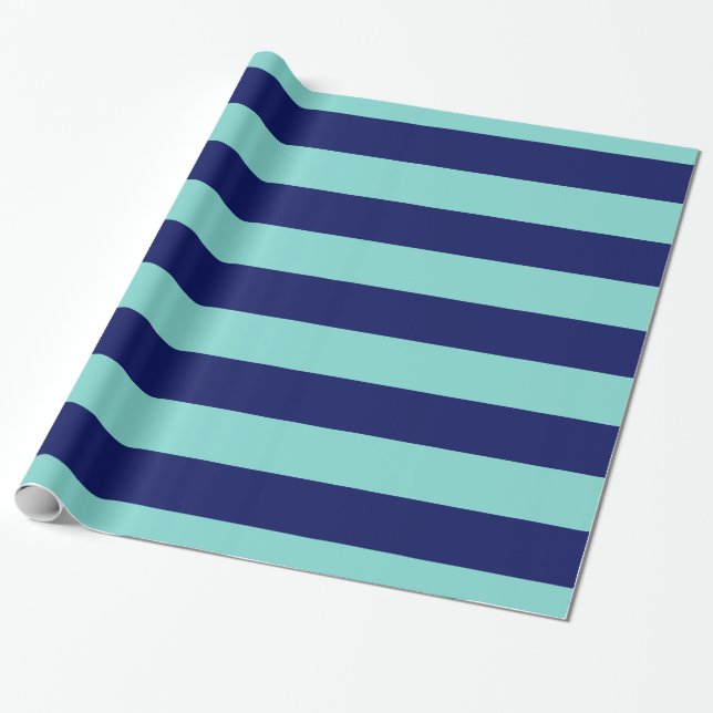 Turquoise Aqua Navy Blue XL Stripes Pattern V Wrapping Paper (Unrolled)