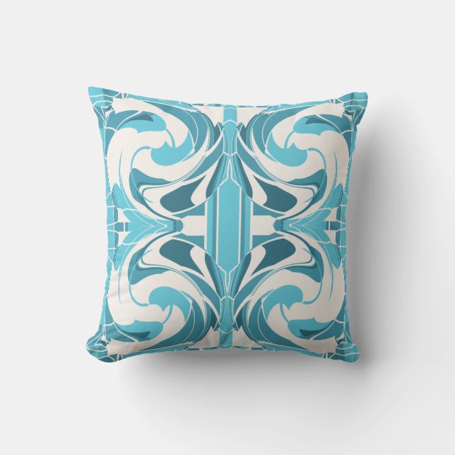 Turquoise Aqua Off-White Mediterranean Large Tiles Throw Pillow (Front)