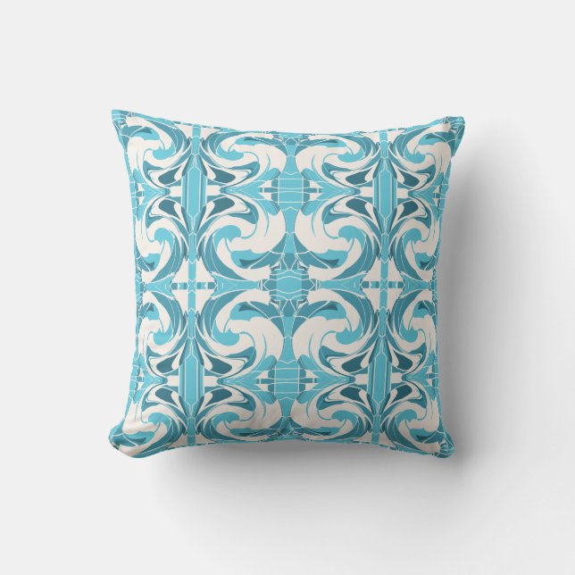 Turquoise Aqua Off-White Mediterranean Small Tiles Throw Pillow (Front)