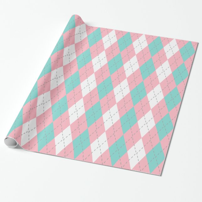 Turquoise Aqua Pink Dk Gray Wht XL Argyle Wrapping Paper (Unrolled)