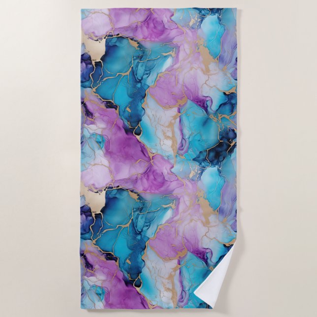 Turquoise Aqua Purple Gold Marble Beach Towel (Front)