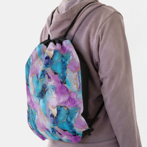 Turquoise Aqua Purple Gold Marble Drawstring Bag