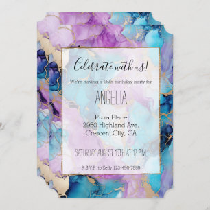 Turquoise Aqua Purple Gold Marble Invitation