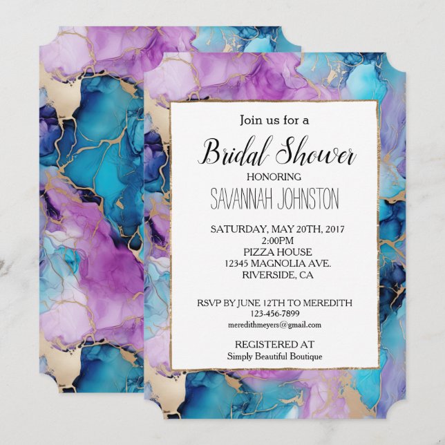 Turquoise Aqua Purple Gold Marble Invitation (Front/Back)